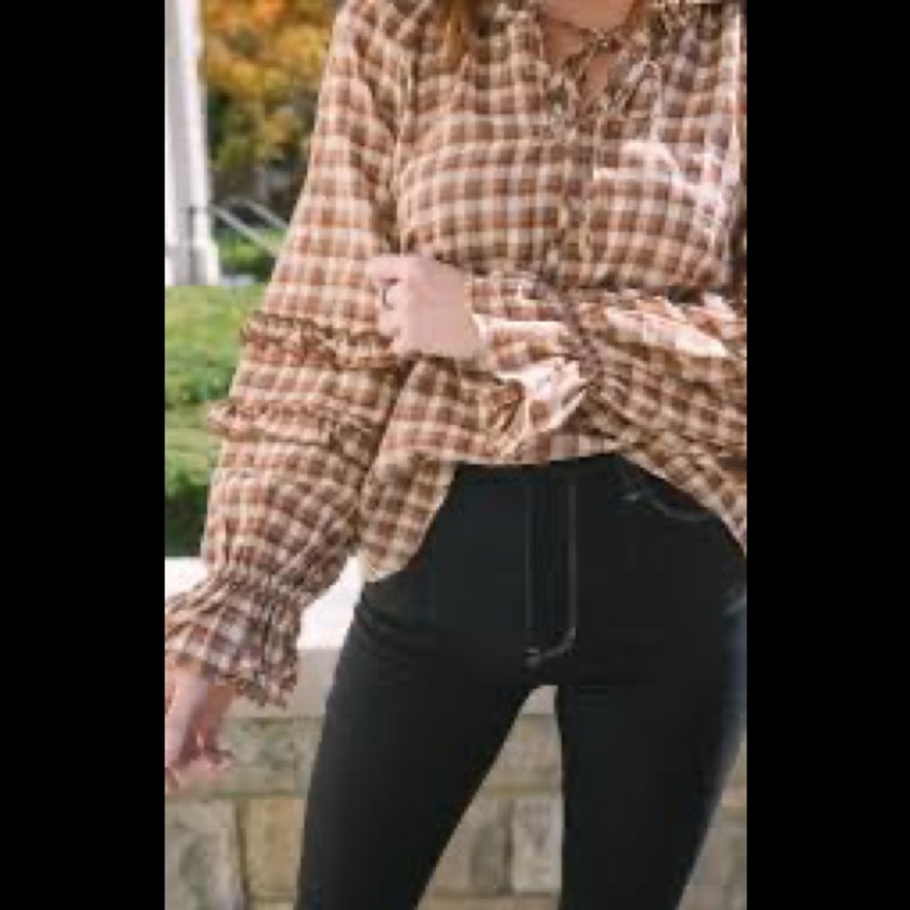 PLAID brown/ivory BLOUSE Size S